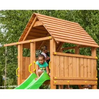Parque infantil de madera Fungoo FORTRESS con tobogán, estructura de escalada y arenero