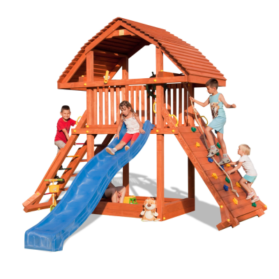 Casa de juegos gigante de teca Fungoo con tobogán, estructura de escalada y arenero