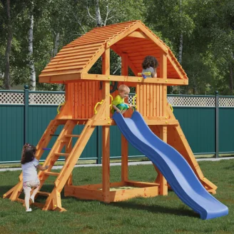Casa de juegos gigante de teca Fungoo con tobogán, estructura de escalada y arenero