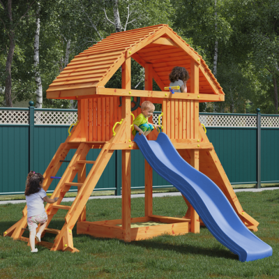 Casa de juegos gigante de teca Fungoo con tobogán, estructura de escalada y arenero