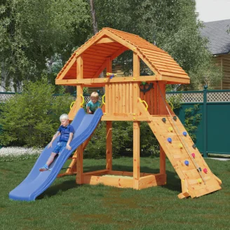 Casa de juegos gigante de teca Fungoo con tobogán, estructura de escalada y arenero