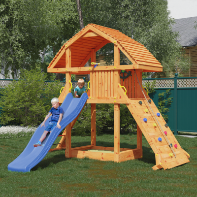 Casa de juegos gigante de teca Fungoo con tobogán, estructura de escalada y arenero