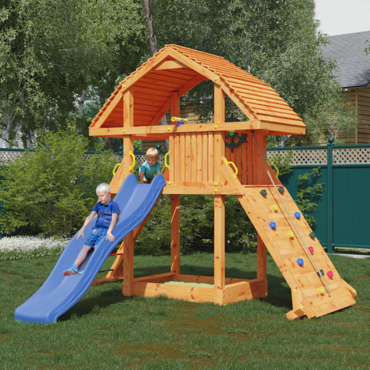 Casa de juegos gigante de teca Fungoo con tobogán, estructura de escalada y arenero