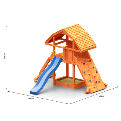 Casa de juegos gigante de teca Fungoo con tobogán, estructura de escalada y arenero