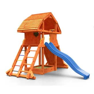 Casa de juegos gigante de teca Fungoo con tobogán, estructura de escalada y arenero