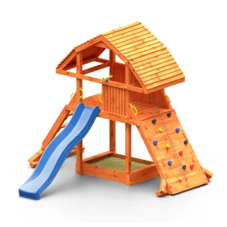 Casa de juegos gigante de teca Fungoo con tobogán, estructura de escalada y arenero