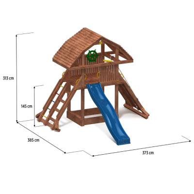 Casa de juegos gigante de teca Fungoo con tobogán, estructura de escalada y arenero