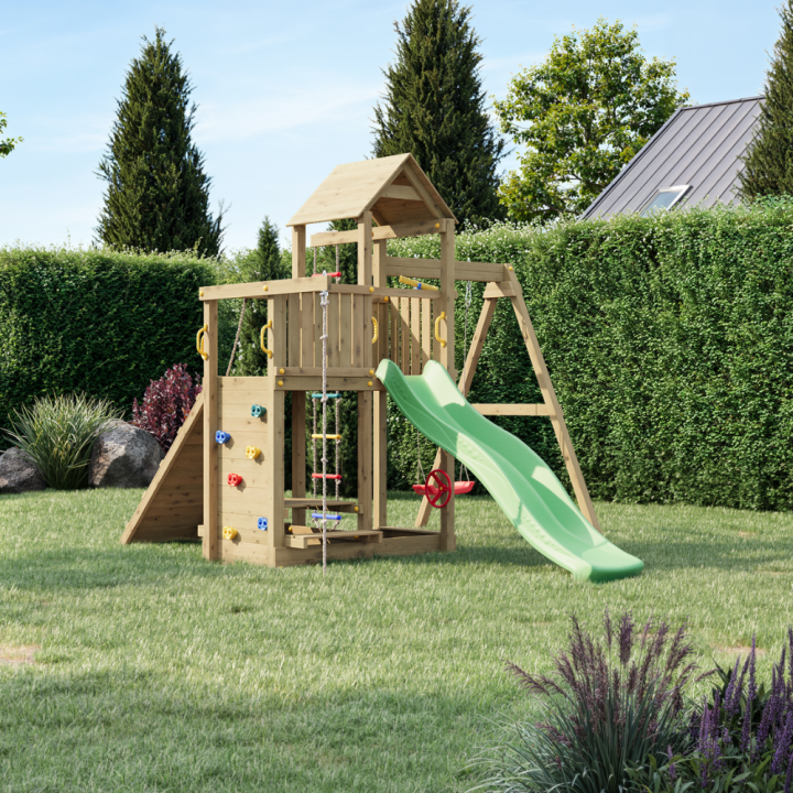 Fungoo ACTIVER KDI Casa de madera con tobogán, columpio y escalera