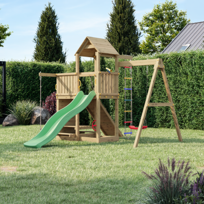 Fungoo ACTIVER KDI Casa de madera con tobogán, columpio y escalera