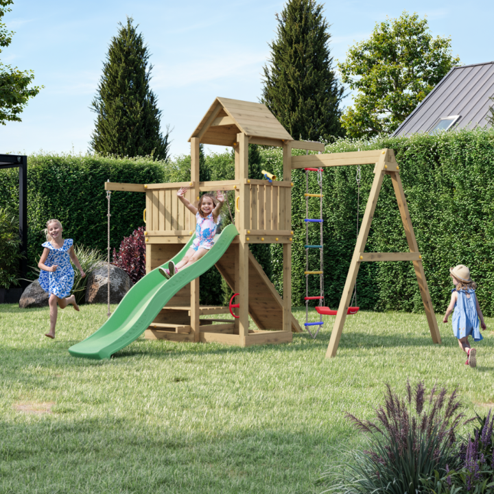 Fungoo ACTIVER KDI Casa de madera con tobogán, columpio y escalera