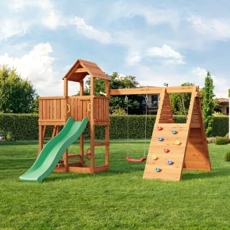 Parque infantil FLUPPI de Fungoo con arenero, estructura de escalada, mesa de picnic, columpio y tobogán