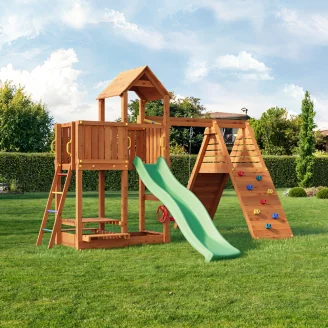 Parque infantil FLUPPI de Fungoo con arenero, estructura de escalada, mesa de picnic, columpio y tobogán