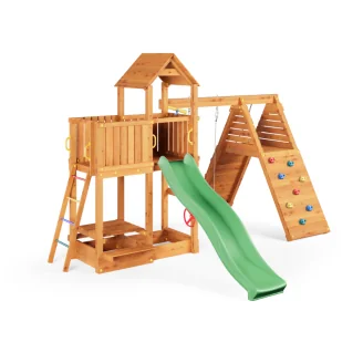 Parque infantil FLUPPI de Fungoo con arenero, estructura de escalada, mesa de picnic, columpio y tobogán