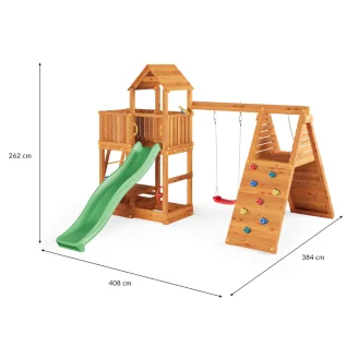 Parque infantil FLUPPI de Fungoo con arenero, estructura de escalada, mesa de picnic, columpio y tobogán