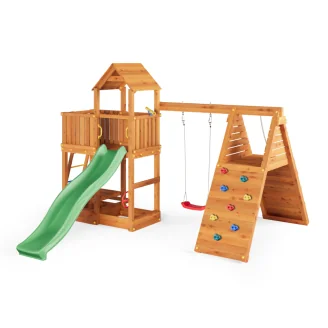 Parque infantil FLUPPI de Fungoo con arenero, estructura de escalada, mesa de picnic, columpio y tobogán