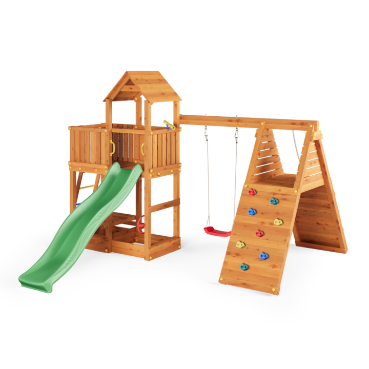 Parque infantil FLUPPI de Fungoo con arenero, estructura de escalada, mesa de picnic, columpio y tobogán