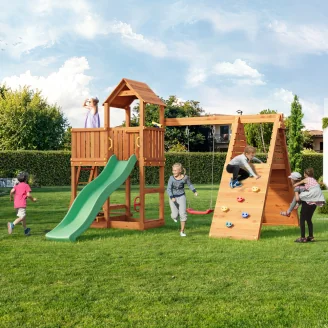 Parque infantil FLUPPI de Fungoo con arenero, estructura de escalada, mesa de picnic, columpio y tobogán