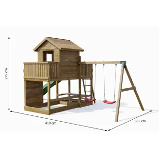 Casa de juegos de madera Fungoo Mars con tobogán, columpio, mesa de picnic y estructura de escalada