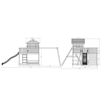 Casita de juegos de madera Fungoo Pluto con tobogán, dos columpios, mesa de picnic, estructura de escalada y arenero
