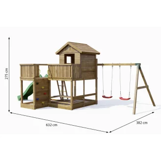 Casita de juegos de madera Fungoo Pluto con tobogán, dos columpios, mesa de picnic, estructura de escalada y arenero