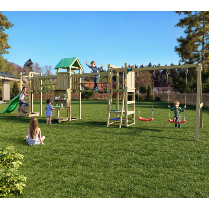 Parque infantil de madera Fungoo Space Longer con tobogán, dos columpios, puente y casita para niños