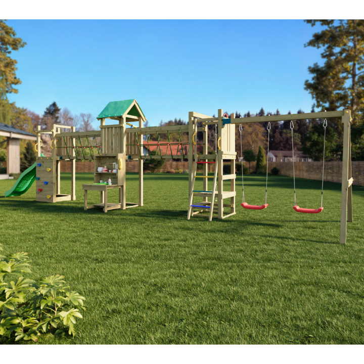 Parque infantil de madera Fungoo Space Longer con tobogán, dos columpios, puente y casita para niños
