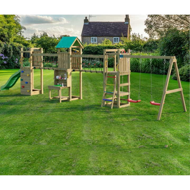 Parque infantil de madera Fungoo Space Longer con tobogán, dos columpios, puente y casita para niños