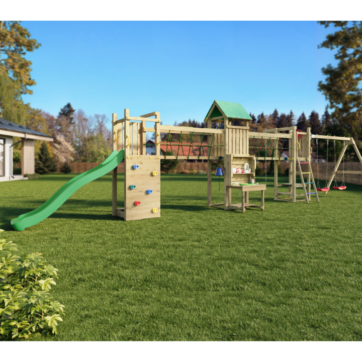 Parque infantil de madera Fungoo Space Longer con tobogán, dos columpios, puente y casita para niños