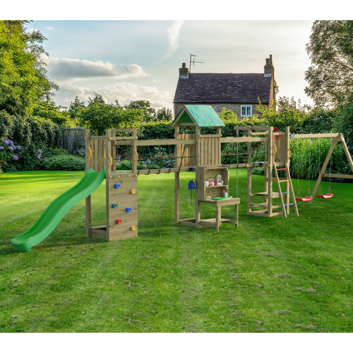 Parque infantil de madera Fungoo Space Longer con tobogán, dos columpios, puente y casita para niños
