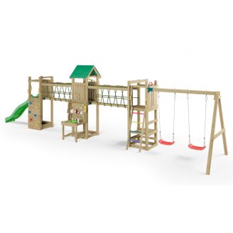 Parque infantil de madera Fungoo Space Longer con tobogán, dos columpios, puente y casita para niños