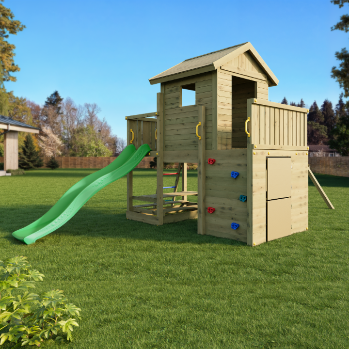 Casita de parque infantil de madera Fungoo Multifort con tobogán, dos columpios y escalada