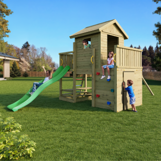 Casita de madera Fungoo Multifort con tobogán y columpios