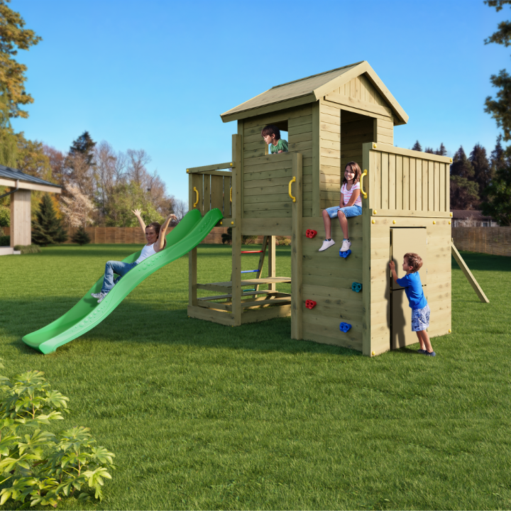 Casita de parque infantil de madera Fungoo Multifort con tobogán, dos columpios y escalada