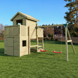 Casita de madera Fungoo Multifort con tobogán y columpios