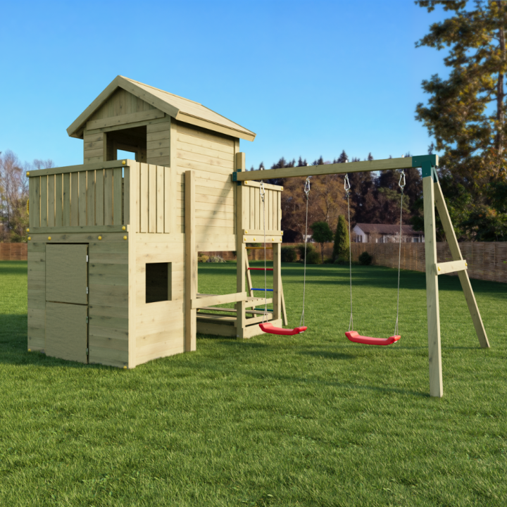 Casita de parque infantil de madera Fungoo Multifort con tobogán, dos columpios y escalada