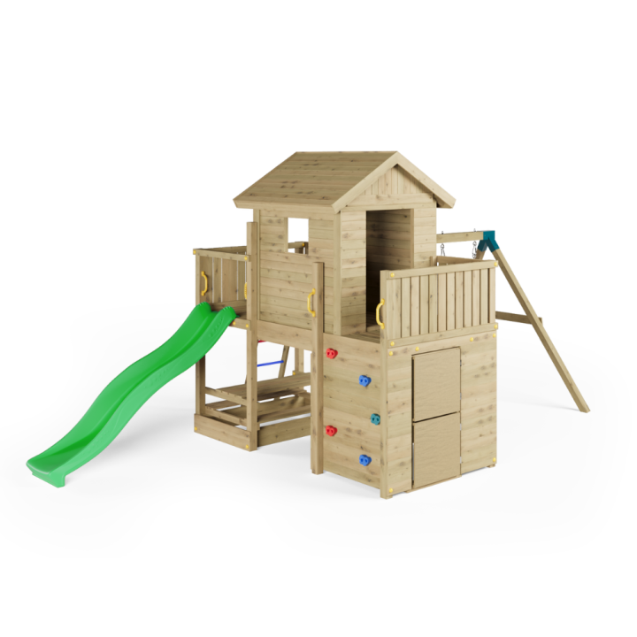 Casita de parque infantil de madera Fungoo Multifort con tobogán, dos columpios y escalada