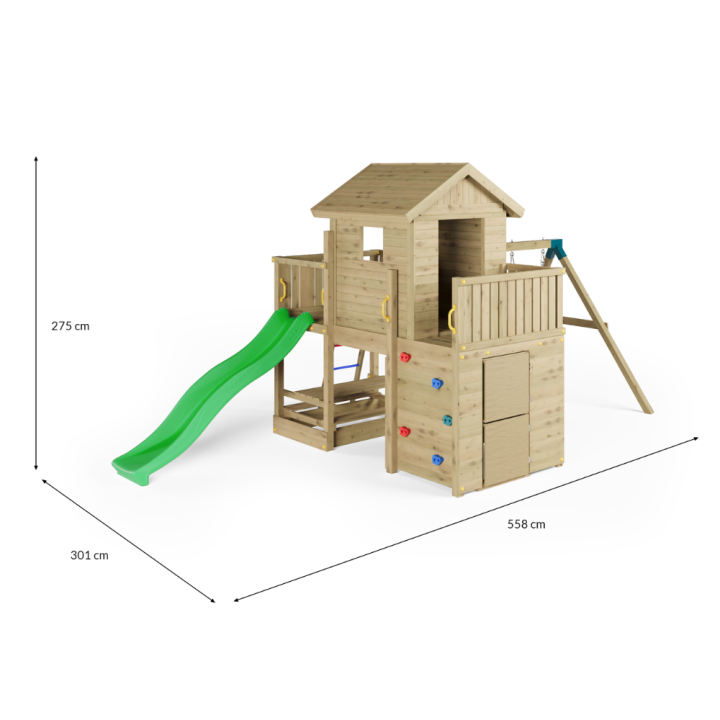 Casita de parque infantil de madera Fungoo Multifort con tobogán, dos columpios y escalada