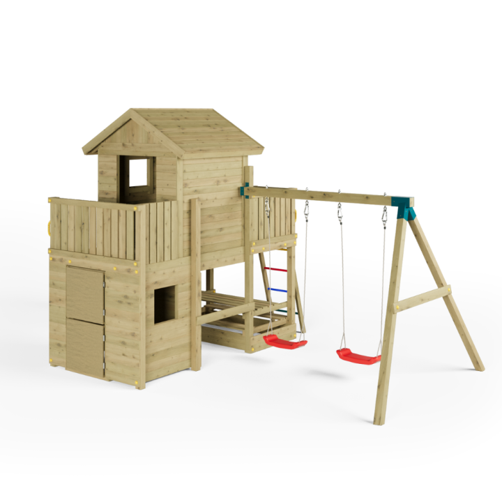 Casita de parque infantil de madera Fungoo Multifort con tobogán, dos columpios y escalada