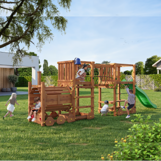 Parque infantil de madera Fungoo Loco Express color teca con tobogán, puente y trenecito para niños.