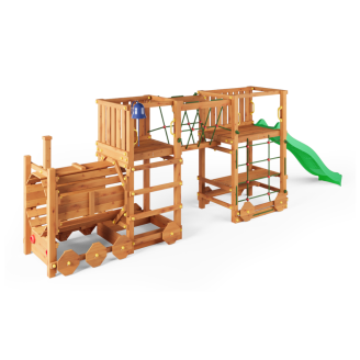 Parque infantil de madera Fungoo Loco Express color teca con tobogán, puente y trenecito para niños.