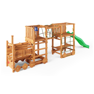 Parque infantil de madera Fungoo Loco Express color teca con tobogán, puente y trenecito para niños.