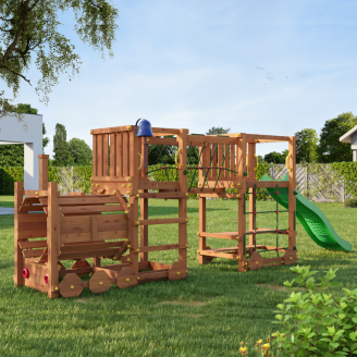 Parque infantil de madera Fungoo Loco Express color teca con tobogán, puente y trenecito para niños.