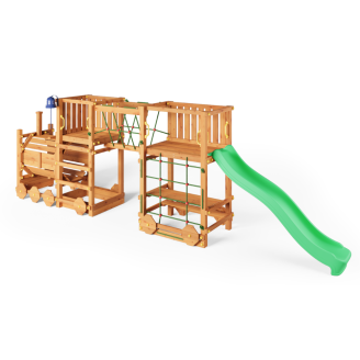 Parque infantil de madera Fungoo Loco Express color teca con tobogán, puente y trenecito para niños.