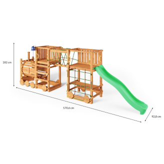 Parque infantil de madera Fungoo Loco Express color teca con tobogán, puente y trenecito para niños.