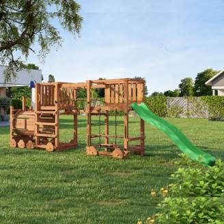 Parque infantil de madera Fungoo Loco Express color teca con tobogán, puente y trenecito para niños.