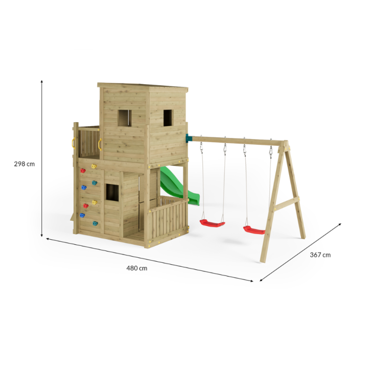 Casita de Parque de Juegos de Madera Fungoo Lofter 2S con Tobogán, Dos Columpios y Pared de Escalada