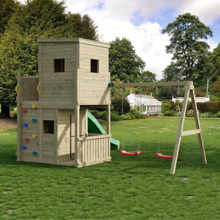 Casita de Parque de Juegos de Madera Fungoo Lofter 2S con Tobogán, Dos Columpios y Pared de Escalada