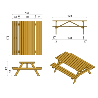 Banco de madera Happytime de 35 mm para picnic, mesa de jardín y terraza, 180 x 150 x 70 cm