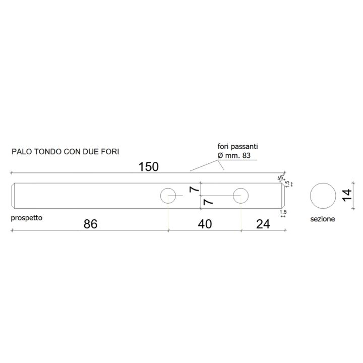 Poste redondo 14x150 cm con 2 agujeros en madera impregnada en autoclave