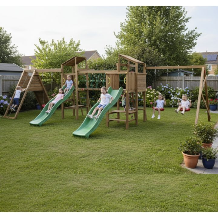 Parque infantil de madera Playland BigFun TGG Play con 3 columpios, 2 toboganes, estructura de escalada y mesa de picni